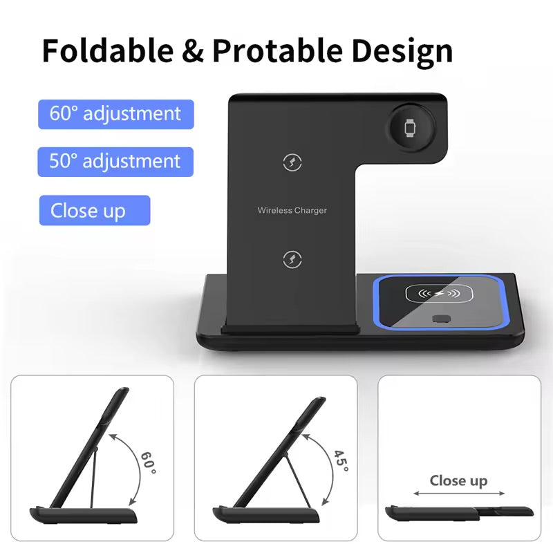 15W 3 In 1 LED Foldable Fast Wireless Charger Stand