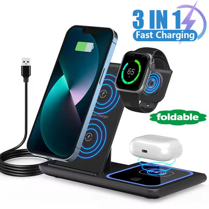 15W 3 In 1 LED Foldable Fast Wireless Charger Stand