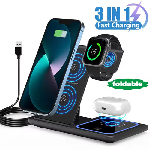 15W 3 In 1 LED Foldable Fast Wireless Charger Stand