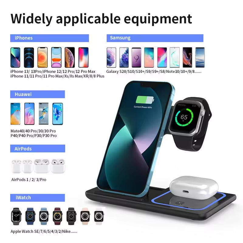 15W 3 In 1 LED Foldable Fast Wireless Charger Stand