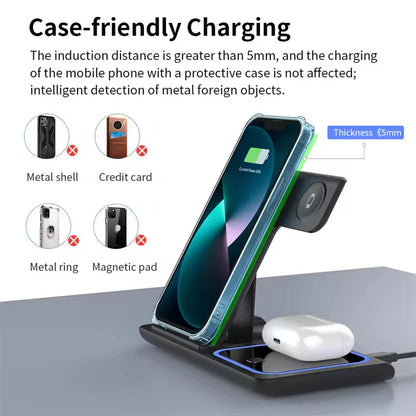 15W 3 In 1 LED Foldable Fast Wireless Charger Stand