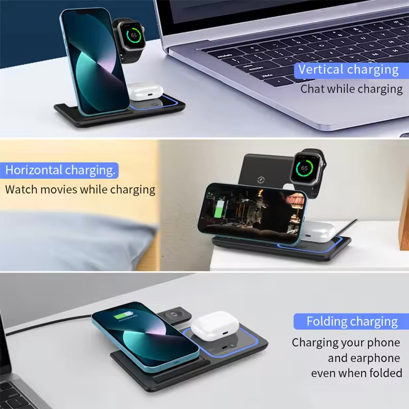 15W 3 In 1 LED Foldable Fast Wireless Charger Stand